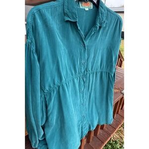 Tianello Teal Baggy Peasant Victorian Tunic Top Women's M Button Front
